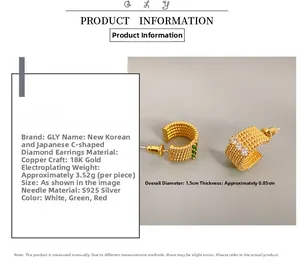 Detail showing 18K gold plated C-shaped earrings with rhinestones and S925 silver needles