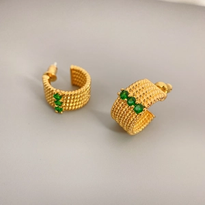 French style gold C-shaped hoop earrings with green stones and rope chain texture