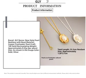 Detailed view of bead pendant necklace with dimensions and freshwater pearl features