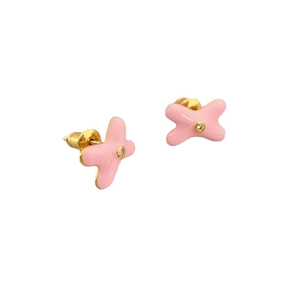 Chic pink enamel X-shaped stud earrings with centered sparkling zircon in gold finish