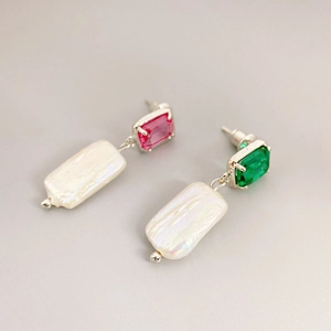 Asymmetric drop earrings with red and green gemstones and long freshwater pearls