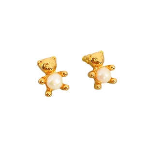 Golden bear stud earrings with white pearl detail, minimalist jewelry for women