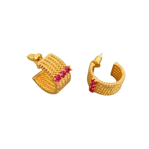 Golden C-shaped earrings with woven texture and pink crystals on a white background