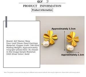Detailed size and material spec of clover earrings with freshwater pearls in 18K gold