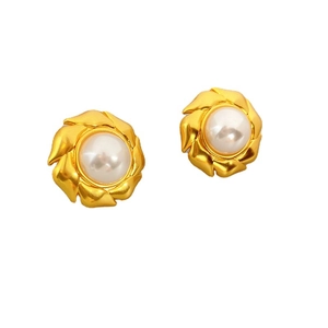 Boucles d'oreilles vintage en forme de moulin à vent doré avec perles blanches