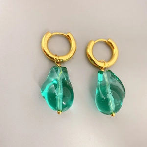 Vintage Detachable Copper Hoop Earrings Green Glass Irregular Pebble Drop Elegant Geometric Jewelry For Women