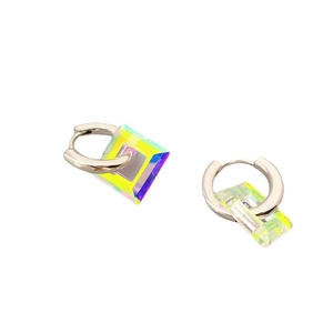 Silver hoop earrings featuring multifaceted aurora resin square charms in a modern style