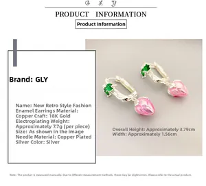 Detail view of pink enamel flower earrings with dimensions and material specifications