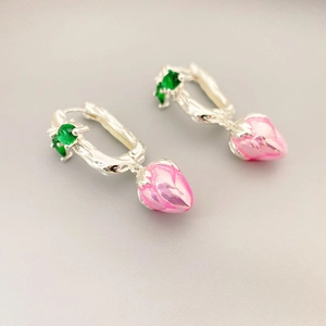 Vintage Enamel Flower Bud Drop Earrings With Silver Plated Copper Earring Post Green Gemstone Pink Strawberry Jewelry
