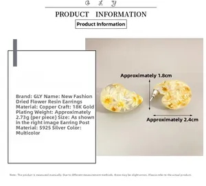 Detailed size specifications of resin earrings with real yellow flowers and S925 silver needles