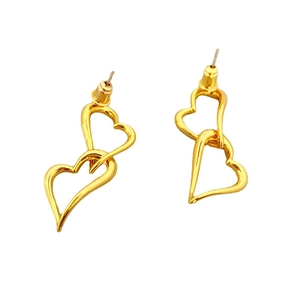 Dual-heart layered drop earrings in polished 18K gold plating over copper with S925 silver pins