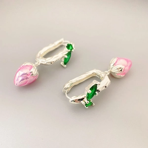 Silver textured earrings with green marquise gem and pink pearl floral petal pendants