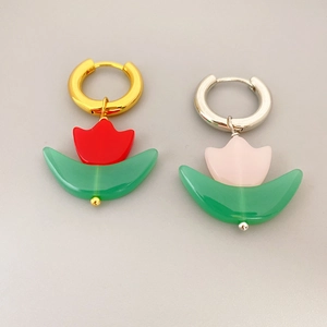 Tulip Flower Drop Hoop Earrings 18K Gold Plated Copper Resin Floral Sweet Jewelry For Women