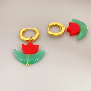 Tulip flower drop earrings with red petals and green leaves on gold hoops for women