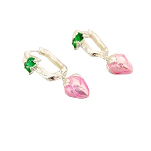 Silver strawberry drop earrings with pink enamel flower buds and green gemstones