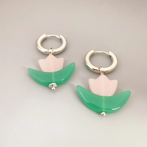 Elegant tulip petal earrings with green and pink resin charms on silver hoops
