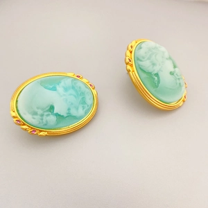 Vintage Cameo portrait earrings with green resin and pink zircon studs in gold