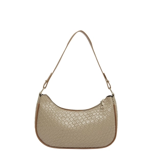 Khaki woven texture hobo shoulder bag with brown leather trim and golden zipper