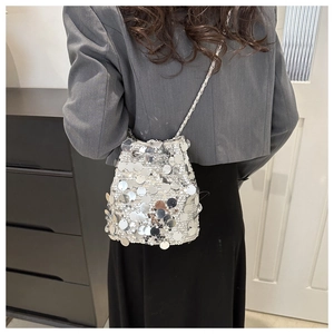 Sparkly silver sequin bucket bag with metal chain strap worn by model in home setting