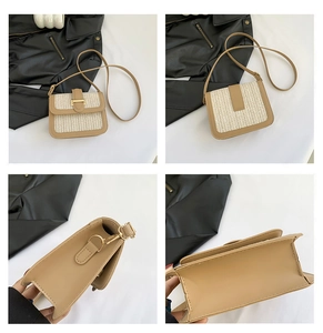 Vues multiples d'un sac bandoulière en paille et similicuir kaki avec boucle dorée
