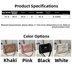 Tableau des tailles et couleurs pour sac à bandoulière en kaki, rose, noir, blanc