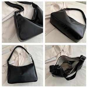 Viste dettagliate di una borsa hobo in pelle PU nera minimalista con grande capienza