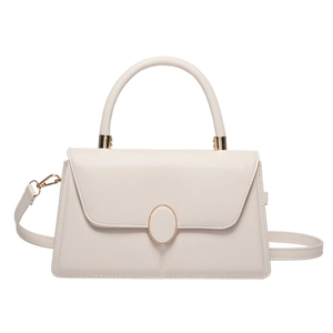 Elegante borsa a mano da donna in pelle beige con manico e chiusura in metallo dorato