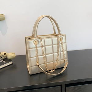 Quilted gold chain handbag for women with metallic faux leather and twin handles