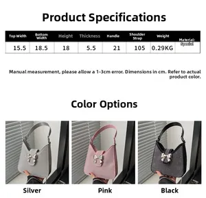 Tableau des tailles pour sac à strass avec nœud dimensions en argent rose et noir