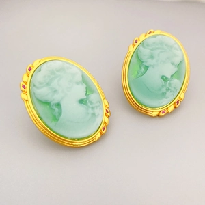 Retro Cameo Female Portrait Oval Earrings Copper 18K Gold Plated With 925 Sterling Silver Earring Post Vintage Jewelry