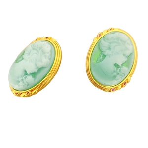 Vintage cameo earrings with female profile relief and red gemstone accents in gold frame