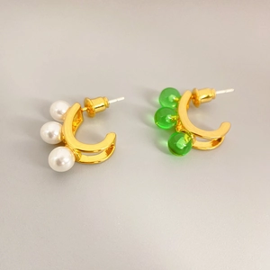C-Shaped Stud Earrings With 925 Sterling Silver Earring Post Copper Gold Plated Inlaid Imitation Artificial Pearl Bead Geometric Elegant
