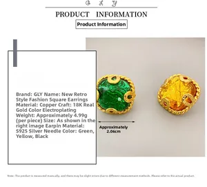 Detail of square vintage earring showing 18K gold plating and S925 silver needle
