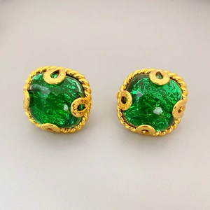 Vintage emerald green square stud earrings with gold rope border and metallic accents