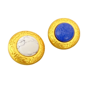 Vintage style gold earrings with embossed fish pattern and inlaid bicolor stone beads
