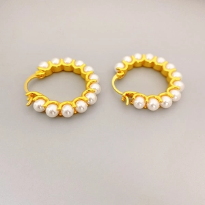 Elegant gold pearl hoop earrings with high-quality white round pearls for women