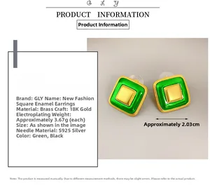Macro detail of square green enamel earrings with 18K gold plating and 925 silver pins