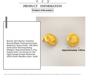 Detailed view of 18K gold plated round earrings with S925 silver needles and dimensions