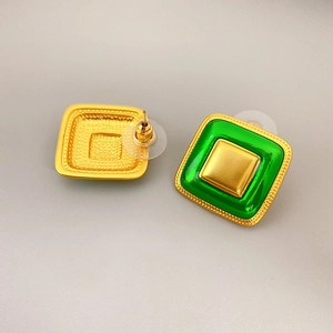 Square brass 18K gold plated earrings with green enamel and beaded edge texture