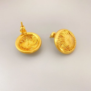 Elegant gold round stud earrings with textured woven metal center and 925 silver needle