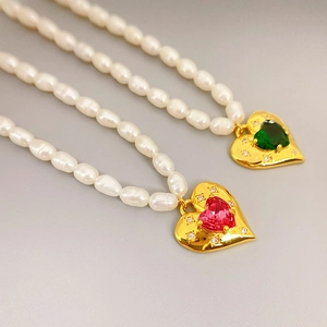 Herz Anhänger Halskette Für Damen Vintage Luxus 18K Vergoldet Kupfer Zuchtperle Süßwasserperle Edelstein Zirkon Schmuck