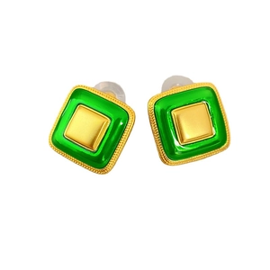 Vintage gold plated square earrings with green enamel and 925 silver needles
