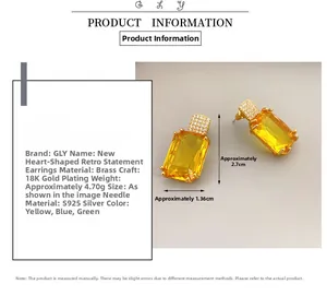 Dettaglio di orecchini placcati oro 18K con cristallo giallo taglio smeraldo e perno S925