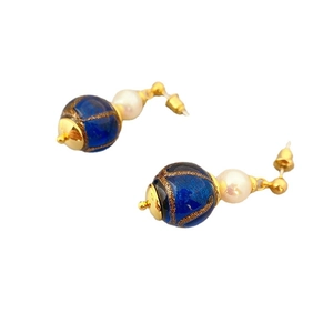 Vintage Mabe pearl and blue glass drop earrings with gold-tone 925 silver needles