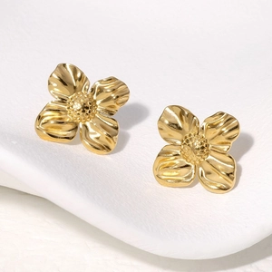 Flower Stud Earrings Gold Plated Titanium Steel With Stainless Steel Earring Post Textured Petal Elegant Style For Women