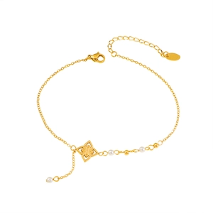 French vintage gold anklet with hollow flower pendant, white pearls and tassel chain