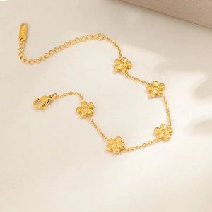Elegant 18K gold plated minimalist floral bracelet with five delicate flower charms