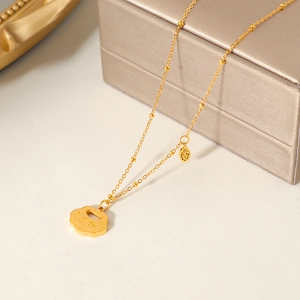 Vintage titanium steel gold lock necklace with beads chain and auspicious pendant
