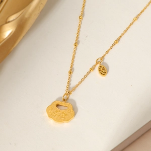 Vintage gold plated titanium steel lock necklace with floral pattern and beaded chain