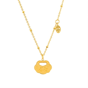 Vintage titanium steel gold lock necklace with lotus relief and dainty beads